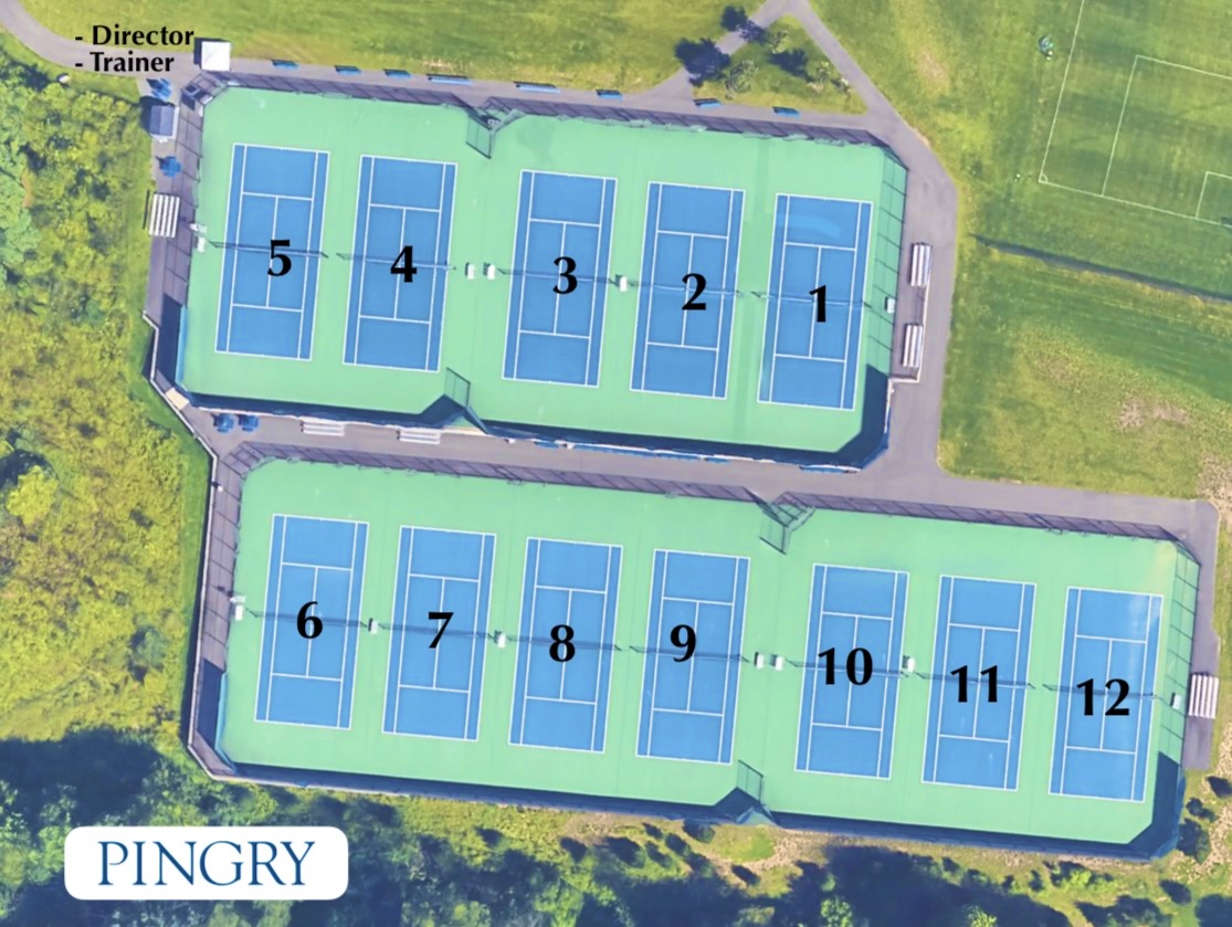 Aerial map of the 12 numbered tennis courts at The Pingry School, with the director and trainer station marked